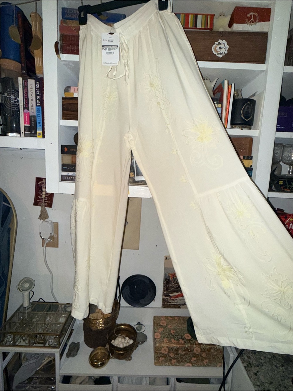 Nostalgia Cream Wide-Leg Embroidered Pants